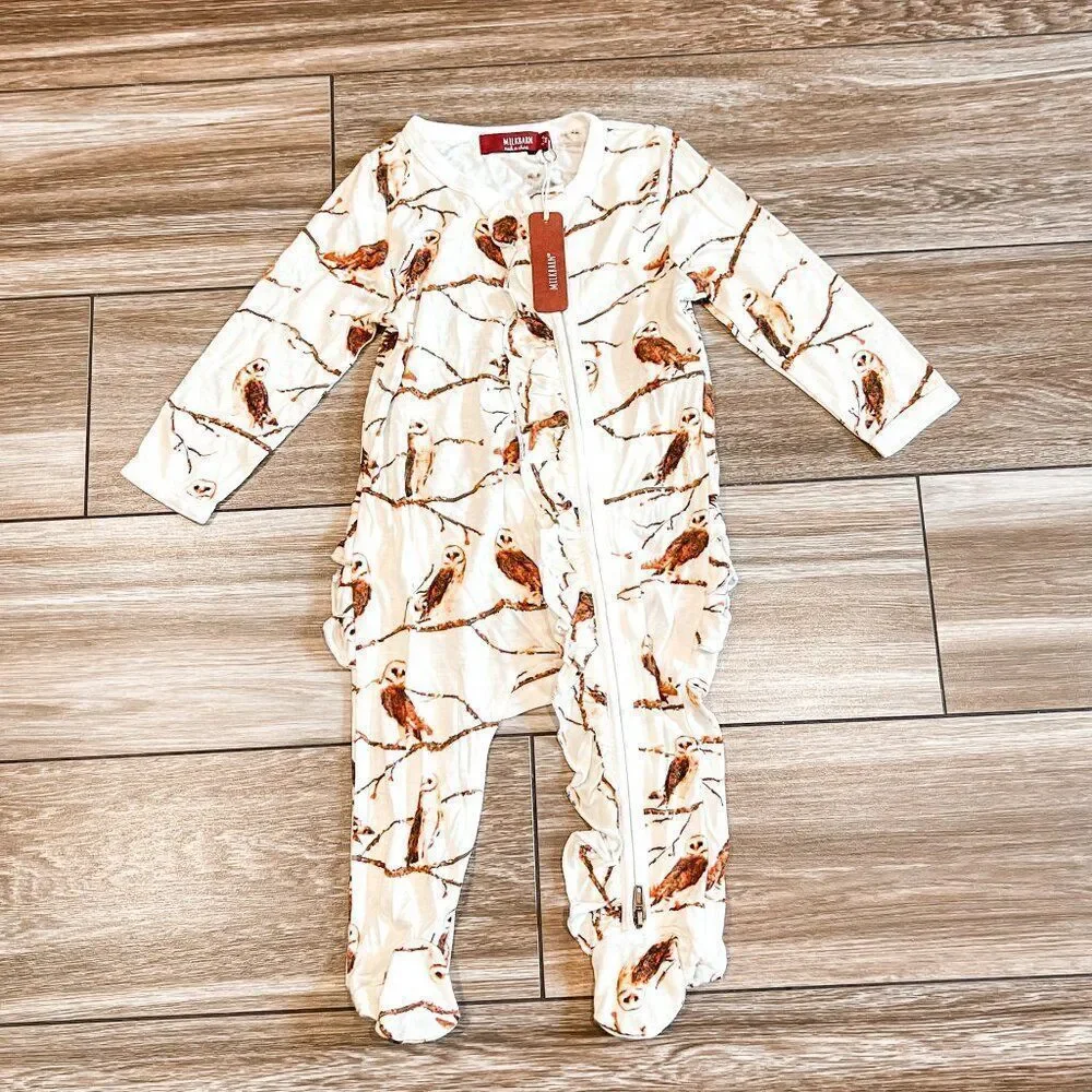 NWT! Milkbarn Owl Bamboo Ruffle Zipper Footed Romper Size 3-6M